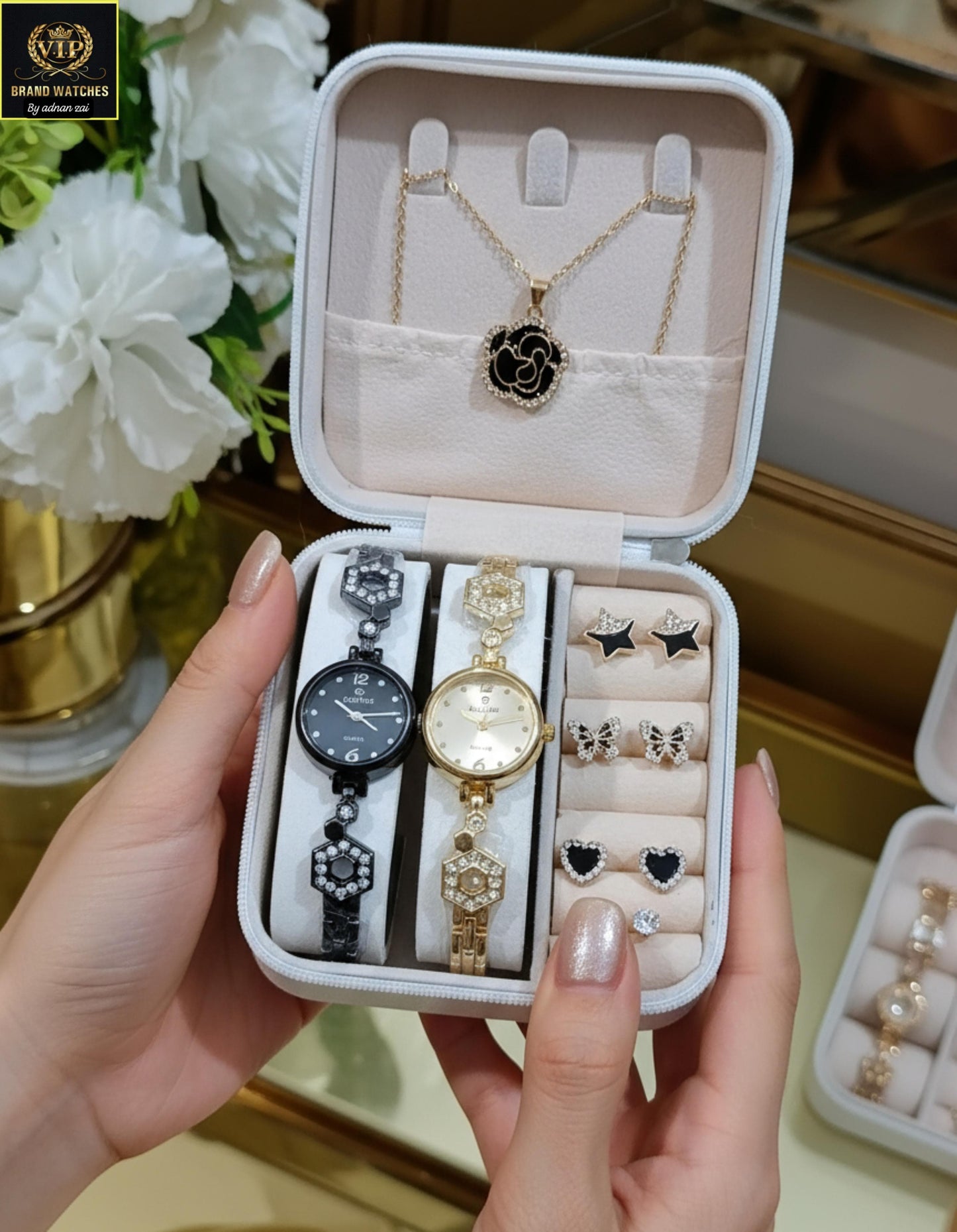 2 IN ONE GIFT SET DIAMOND STONE JEWELRY WATCHES