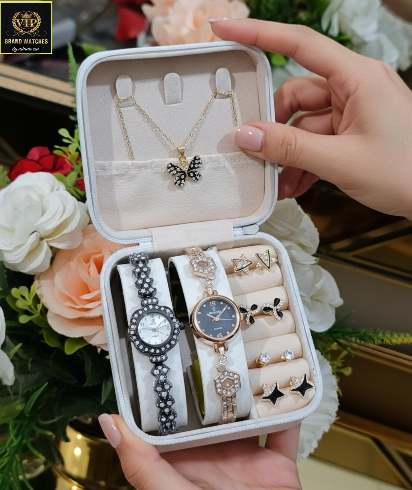 2 IN ONE GIFT SET DIAMOND STONE JEWELRY WATCHES
